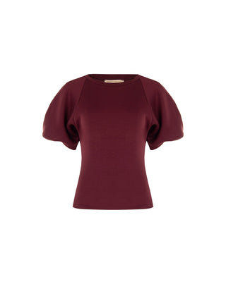 T-shirt bordeaux rosso con maniche a palloncino in tessuto strutturato