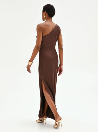 Chocolate One-Shoulder Draped Gown