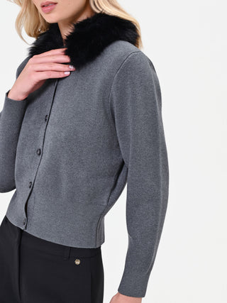 Cardigan in viscosa grigio scuro con collo effetto pelliccia
