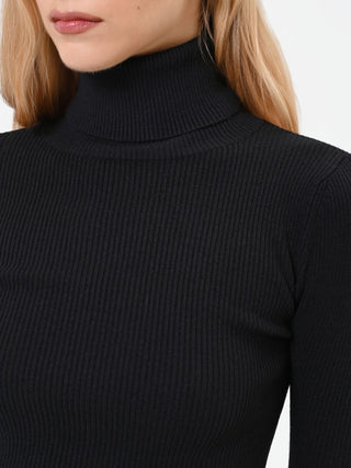 Col roulé noir côtelé en viscose mélangée