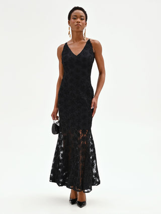 Langes schwarzes Mermaid-Kleid mit floraler Textur