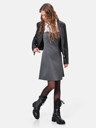 Abito svasato grigio gessato con paillettes