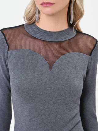 Dark Grey Viscose Short Dress with Sheer Details