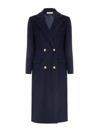 Cappotto lungo doppiopetto blu navy con bottoni dorati