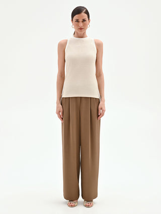 Top oro in maglia a costine con orli smerlati