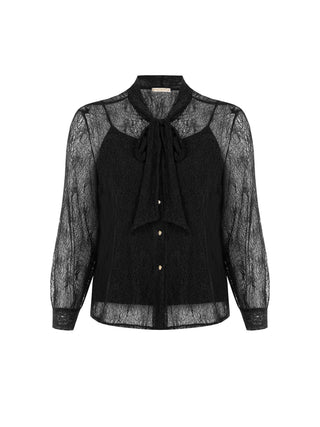 Curvy Black Lace Bow-Neck Blouse