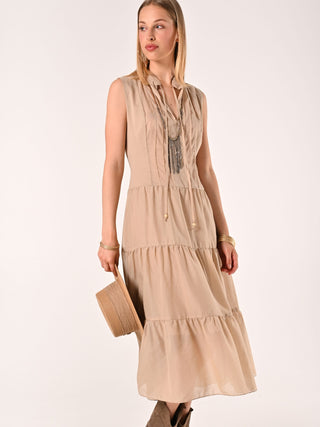 Abito a Balze Beige in Cotone