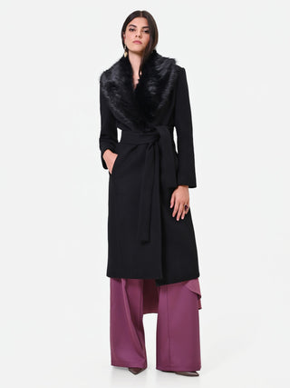 Cappotto midi nero con collo effetto pelliccia