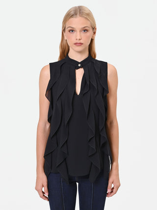 Top nero in georgette con rouches
