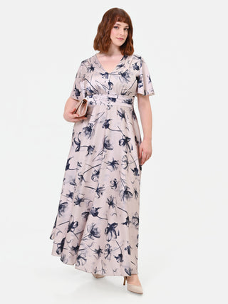 Abito Curvy  lungo a fiori blu navy in raso