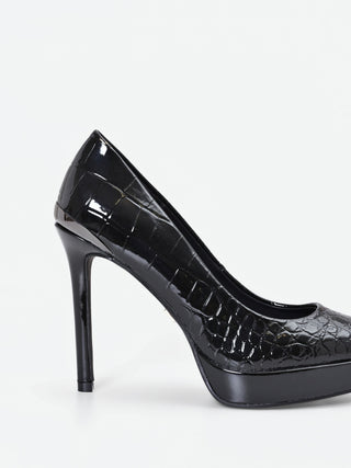 Black Croc-Embossed Platform Pumps