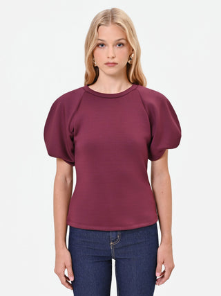 T-shirt bordeaux rosso con maniche a palloncino in tessuto strutturato