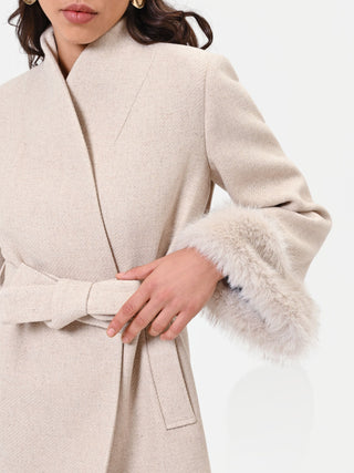 Short Beige Taupe Coat with Faux Fur Cuffs