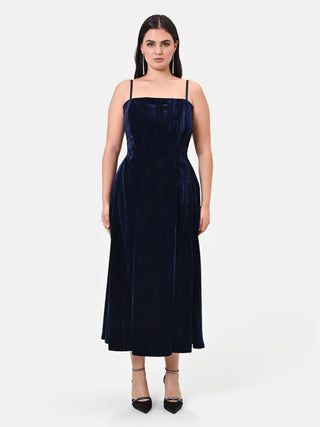 Abito Curvy midi blu navy con lavorazione plissé