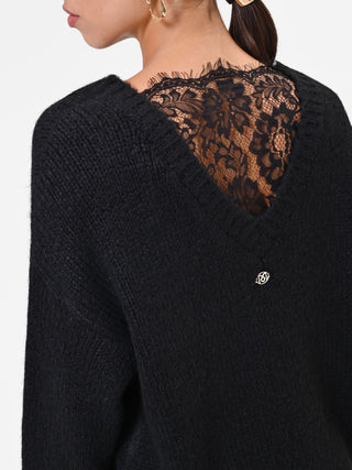 Black Wool Sweater with Fringed Neckline