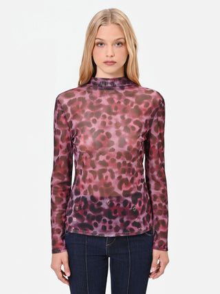 Fitted Burgundy Tulle Blouse with Animal Print
