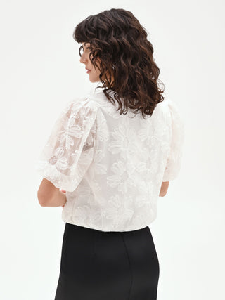 White Organza Blouse with Oversized Floral Appliqués
