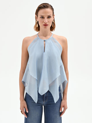 Sky Blue Asymmetric Ruffle Top