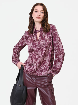 Patterned Burgundy Blouse with Twisted Neckline
