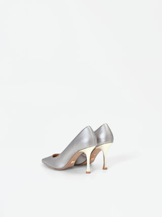 Silver Pointed-Toe Pumps with Gold Mirror Heel