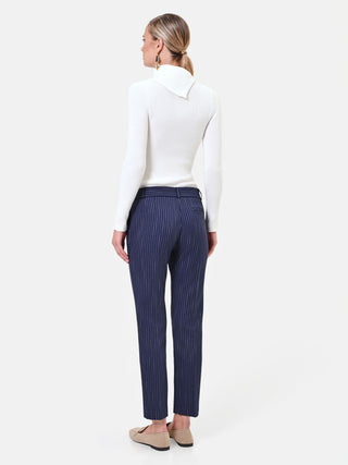 Pantalone in misto viscosa blu navy gessato