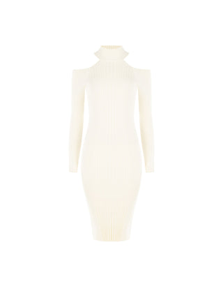 Cream White Viscose Knit Midi Dress with Cut-Outs