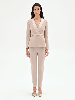 Taupe beige jacket with a belt and satin lapels