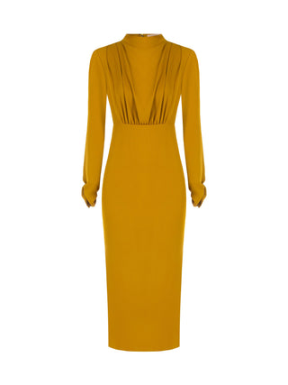 Vestido tubo verde oliva con cuerpo drapeado