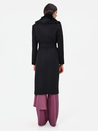 Cappotto midi nero con collo effetto pelliccia