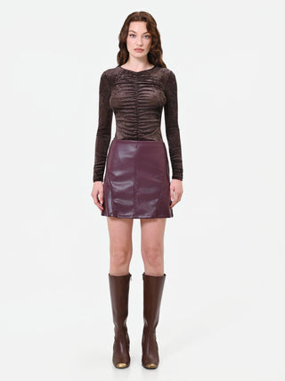Mini-jupe bordeaux effet cuir à empiècements