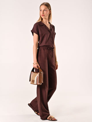 Pantalon ample marron chocolat en lin et coton
