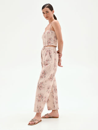 Pink Floral-Print Denim Trousers