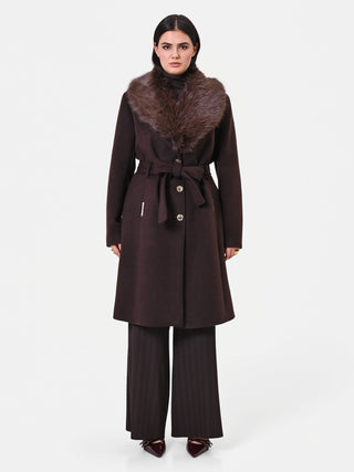 Dark Brown Curvy Coat with Faux Fur Collar