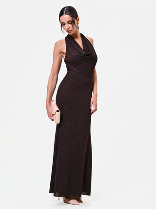 Robe longue brun foncé à décolleté drapé