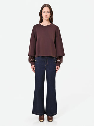 Brown Sweatshirt with Double Sequin Sleeves