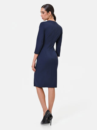 Navy Blue Viscose-Blend Crossover Sheath Dress
