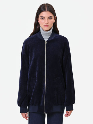 Bomber oversize in velluto blu navy