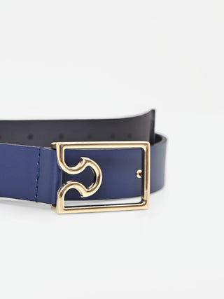 Navy Blue Leather Belt with Gold Geometric Buckle