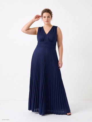 Navy blue long curvy dress in glitter jersey