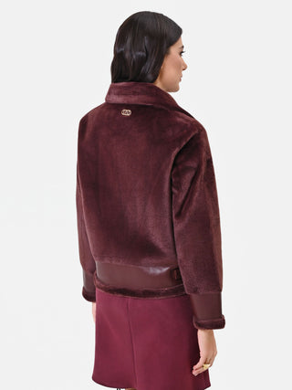 Chocolate Cropped Aviator Jacket with Faux Leather Details
