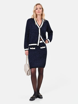 Gonna tubino in maglia blu navy con profili a contrasto