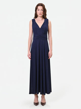 Robe longue bleu marine avec drapé à la taille