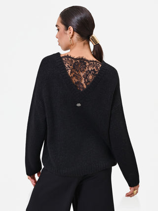 Black Wool Sweater with Fringed Neckline