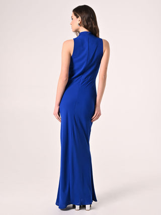 Abito Lungo Blu Cina con Scollo Drappeggiato