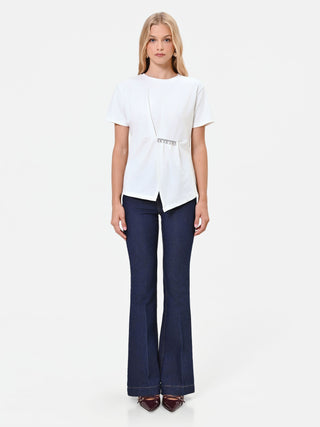 Cream White Draped T-Shirt with Rhinestones