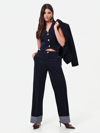 Navy Blue Velvet Trousers with Contrast Stitching