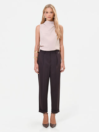 Dark Brown Straight-Leg Cuffed Trousers in Poly-Viscose