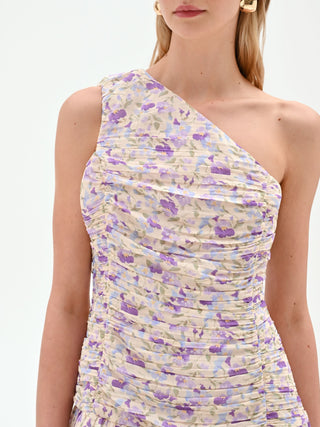 Lilac Floral One-Shoulder Midi Dress