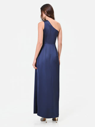 Robe longue drapée asymétrique bleu marine