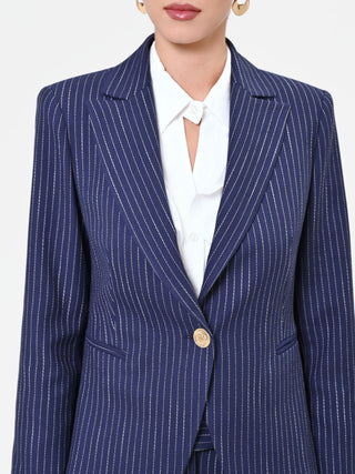 Giacca in misto viscosa blu navy gessata con bottone dorato